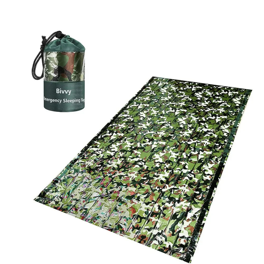 PE Emergency Sleeping Bag Camouflage Waterproof Portable Survival 120x200cm Sleeping Bag for Outdoor Camping Hiking Adventure