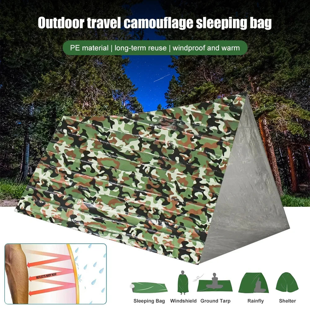 PE Emergency Sleeping Bag Camouflage Waterproof Portable Survival 120x200cm Sleeping Bag for Outdoor Camping Hiking Adventure