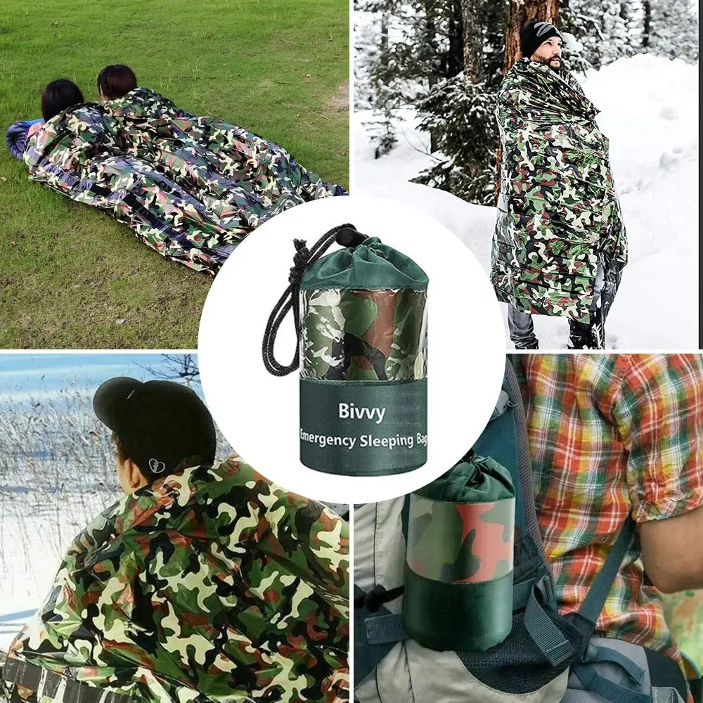 PE Emergency Sleeping Bag Camouflage Waterproof Portable Survival 120x200cm Sleeping Bag for Outdoor Camping Hiking Adventure