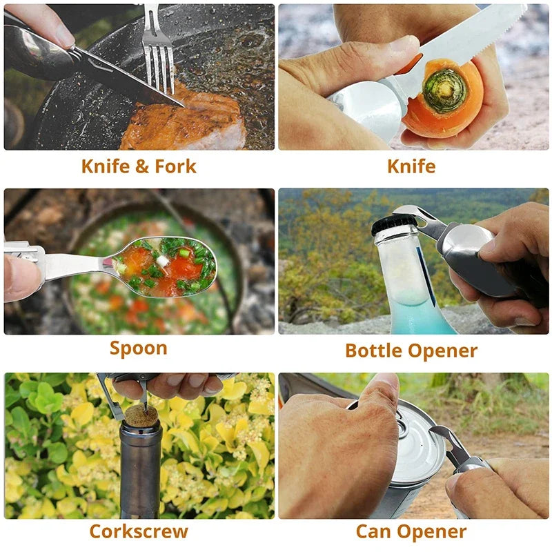 GH02 Folding Camping Tableware 5 in 1 Multifunctional Portable Cutlery Bottle Opener Can Opener Picnic Camping Equipment